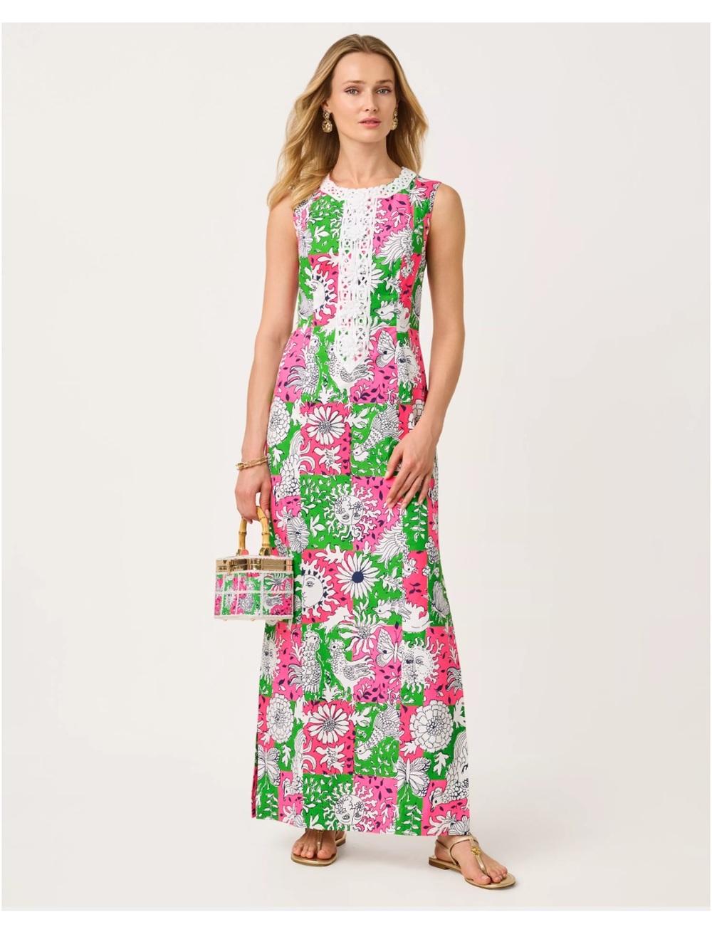 New with Tags Lilly Pulitzer Sleeveless Pink & Green Floral Patchwork Maxi Dress